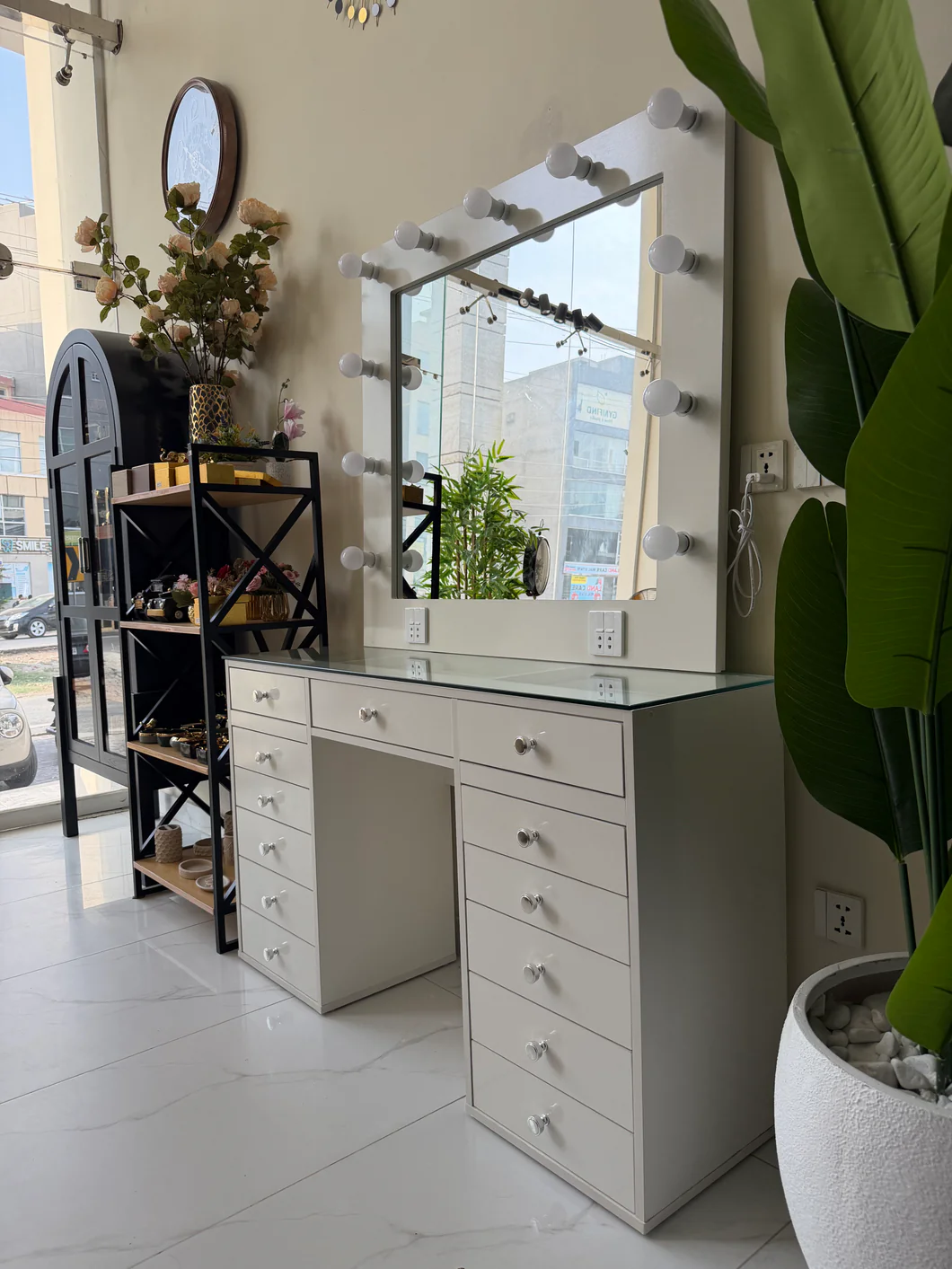 Pearl Mirror Vanity Console Table – Modern White Dressing Table with Drawers