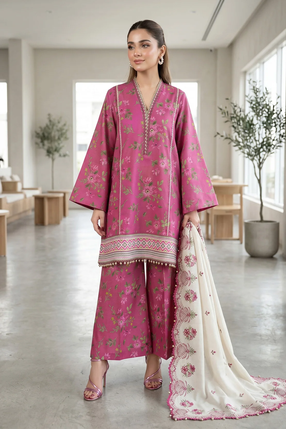 Pink Floral Unstitched 3-Piece Pakistani Suit with Dupatta