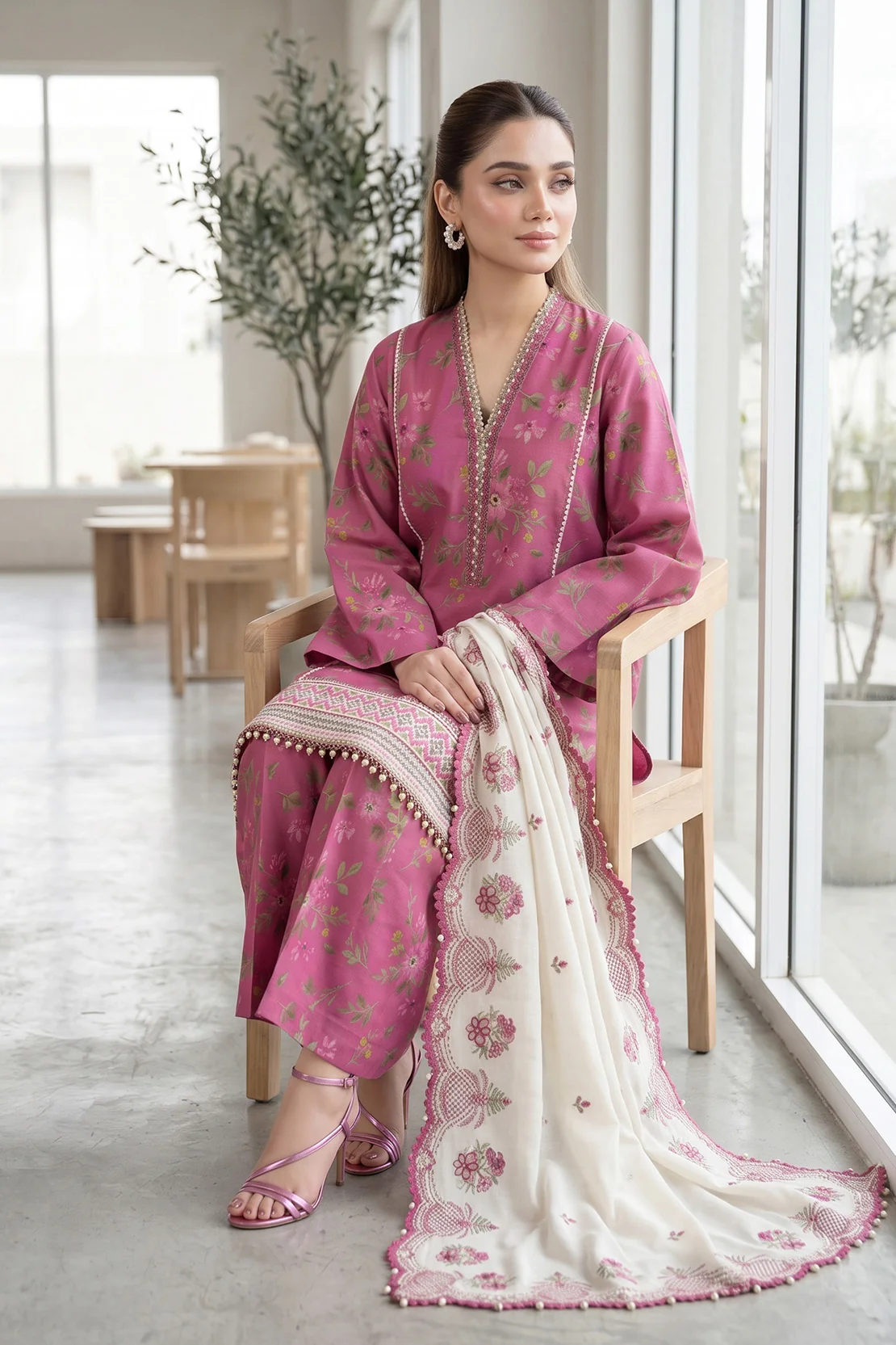Pink Floral Unstitched 3-Piece Pakistani Suit with Dupatta