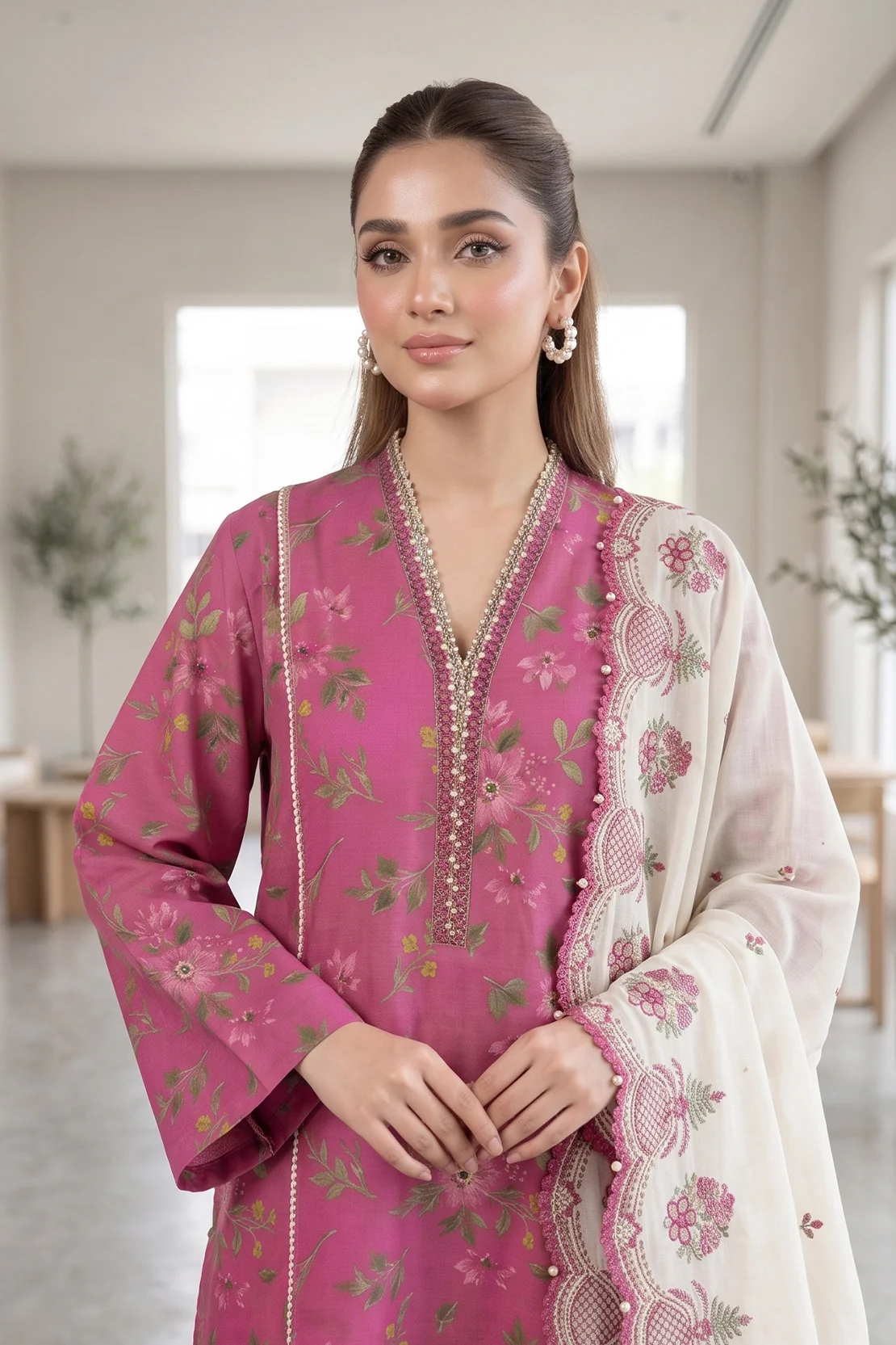 Pink Floral Unstitched 3-Piece Pakistani Suit with Dupatta