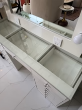 Pearl Mirror Vanity Console Table – Modern White Dressing Table with Drawers